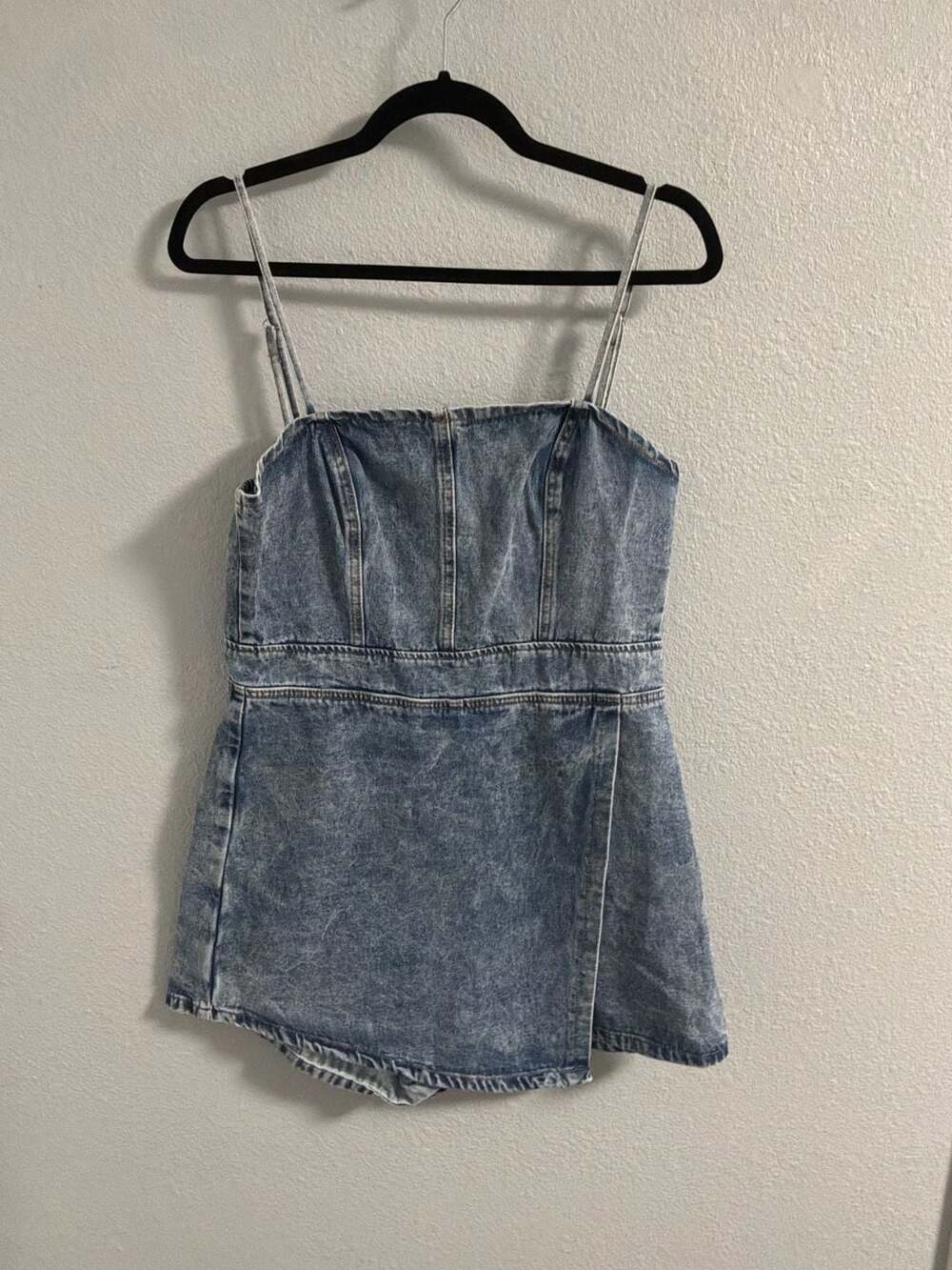 Acid Wash Denim Romper with Adjustable Straps and Front Skort Overlay